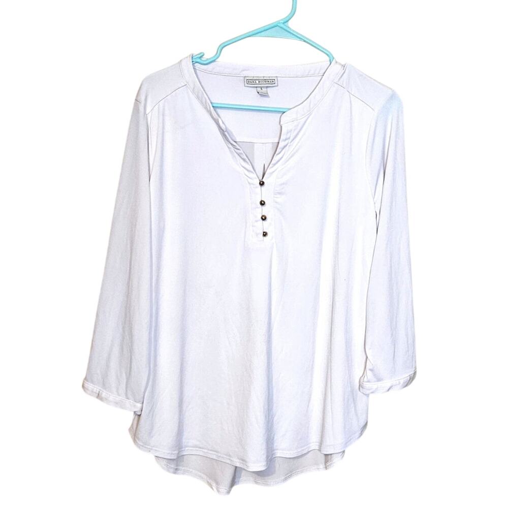 Dana Buchman White Blouse Top Tunic Size Large L Gold Buttons Stretchy